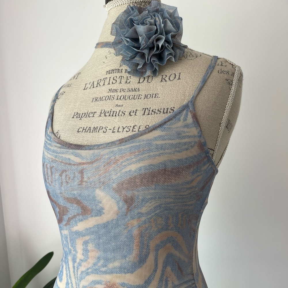 Blue mesh print camisole with the neck tie - Picture 2 of 5